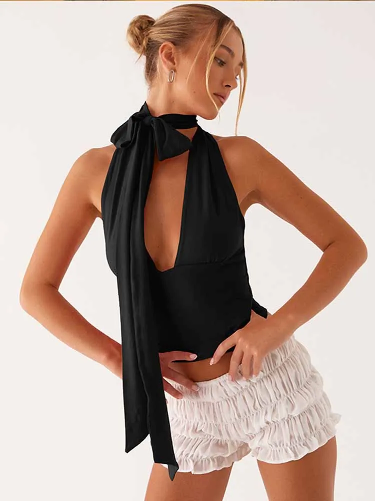 Bkqu regata feminina sexy com decote em v profundo, verão chique em torno do halter, sem mangas, y2k, drapeado, tops curtos, roupas de festa