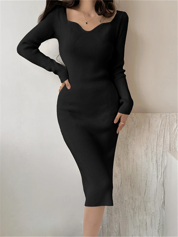 Seoulish Autumn Winter Sqaure Collar Knitted Women's Wrap Dresses Long Sleeve Sheath Knitwear Bodycon Midi Dress Female 2023