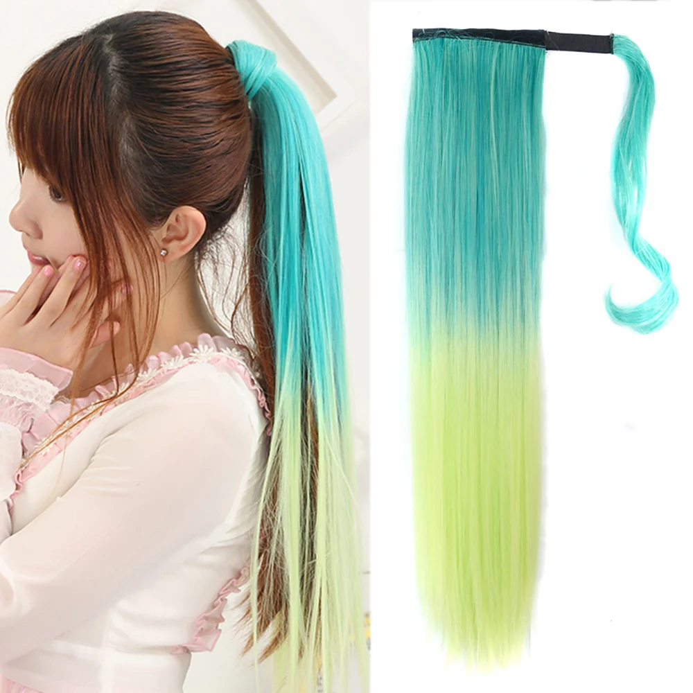 Jeedou Synthetic Straight Ponytail Extension Wrap-Around | Blue-Green-Purple Ombre Hairpiece | Natural Look & Easy Styling