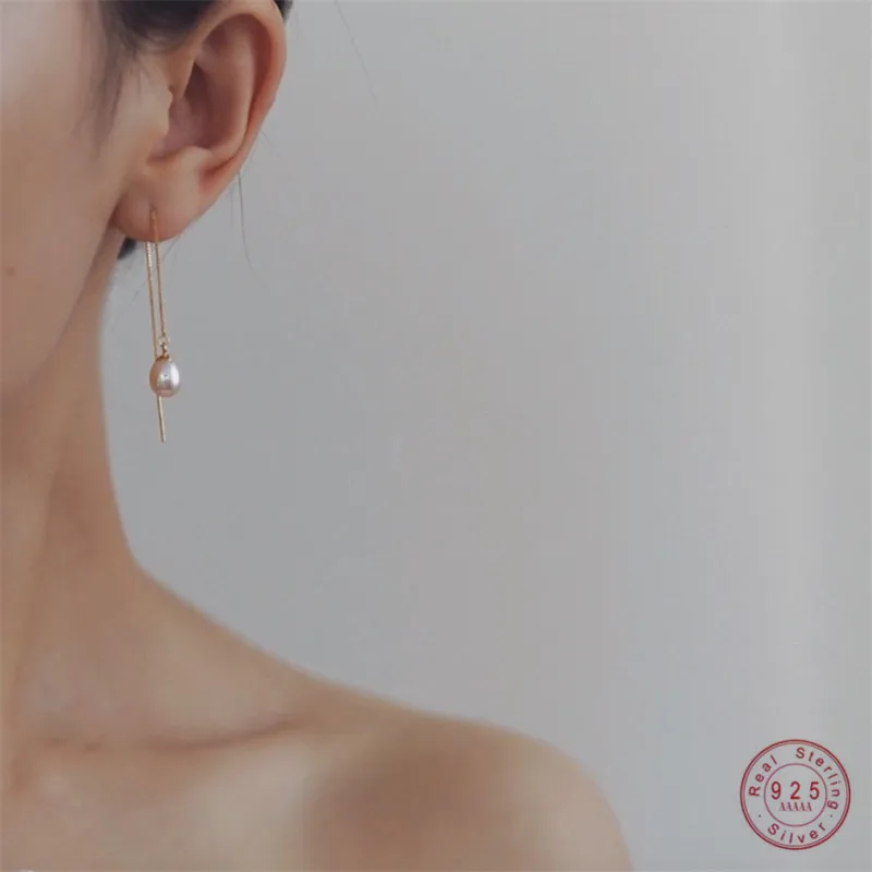 925 Sterling Silver koreański słodka kropla wody perła nici do uszu dla kobiet proste kolczyki długie Temperament