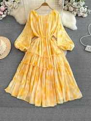 Women's Spring Autumn New Chiffon Long Sleeved Dress with O-Neck Waist Mid Length A-line Large Hem Printed Dress A35