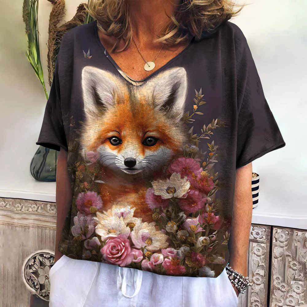 Cartoon Fox 3D 프린트 티셔츠 여성 빈티지 v 넥 반팔 티셔츠 Y2K 동물 티셔츠 오버 사이즈 하라주쿠 탑 여성 의류