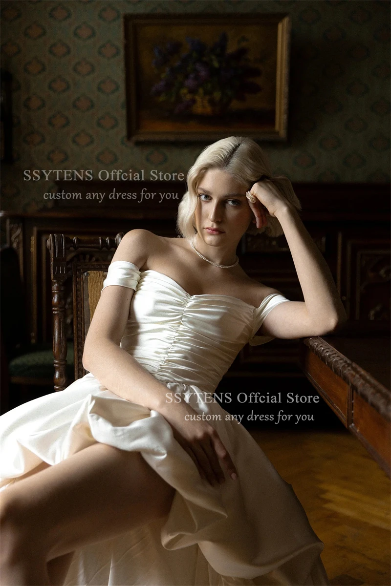 SSYTENS High/Low Satin Wedding Dresses Simple Off the Shoulder Sleeveless Beach Strapless Bridal Gown Sexy Backless Customized