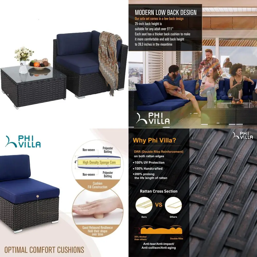 

Комплект диванов для патио из двух предметов — плетеный ротанговый диван с низкой спинкой и дополнительным сиденьем, темно-синий