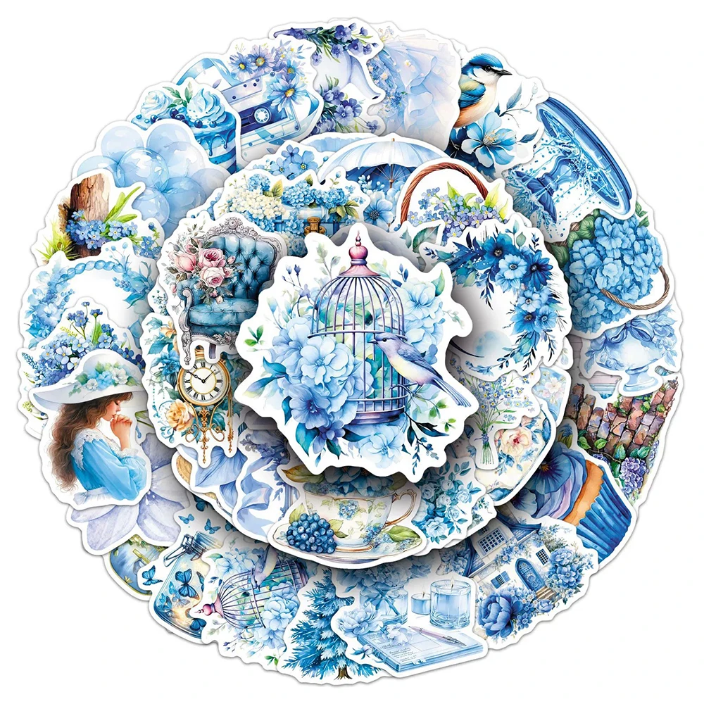 

10/30/50pcs INS Style Blue Garden Cute Cartoon Stickers Aesthetic Flowers Plant Graffiti Sticker Luggage Helmet Waterproof Decal