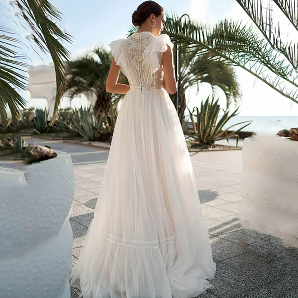 Personalizado boho rendas apliques de alta pescoço chiffon uma linha vestidos de casamento 2025 ilusão trem varredura tule vestidos de noiva para mulher