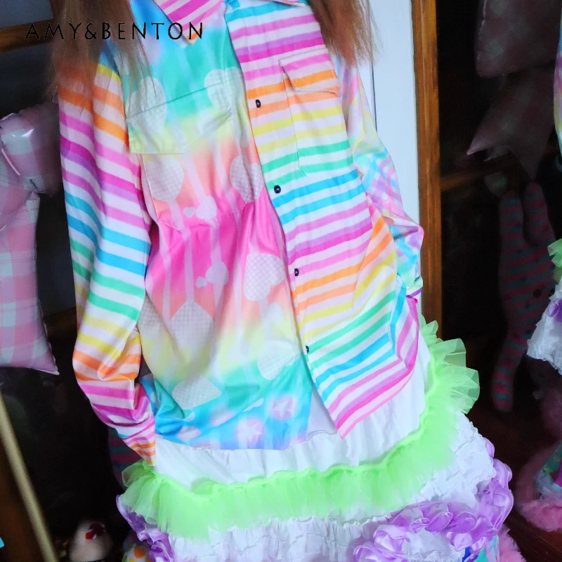 

Японская оригинальная дизайнерская женская рубашка Y2K в разноцветную полоску, весна-лето 2026, стильная свободная универсальная рубашка-куртка для женщин