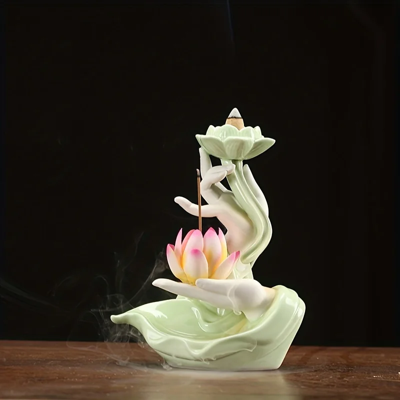 Chinese style Buddha\'s Hand Lotus LED Reflux Incense Burner Stand, Home Decoration Pure Handmade Lotus Fragrance Diffuser