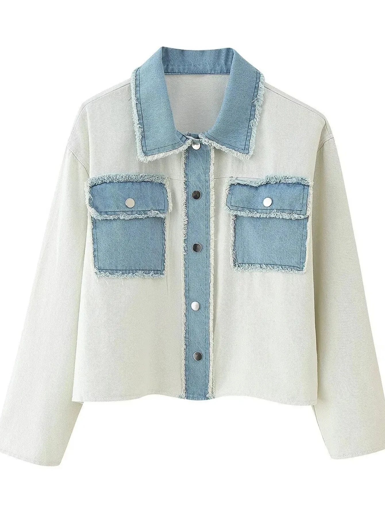 

Женское джинсовое пальто, короткая куртка в стиле пэчворк, с длинными рукавами и отложным воротником, однобортная тонкая уличная одежда, повседневная одежда