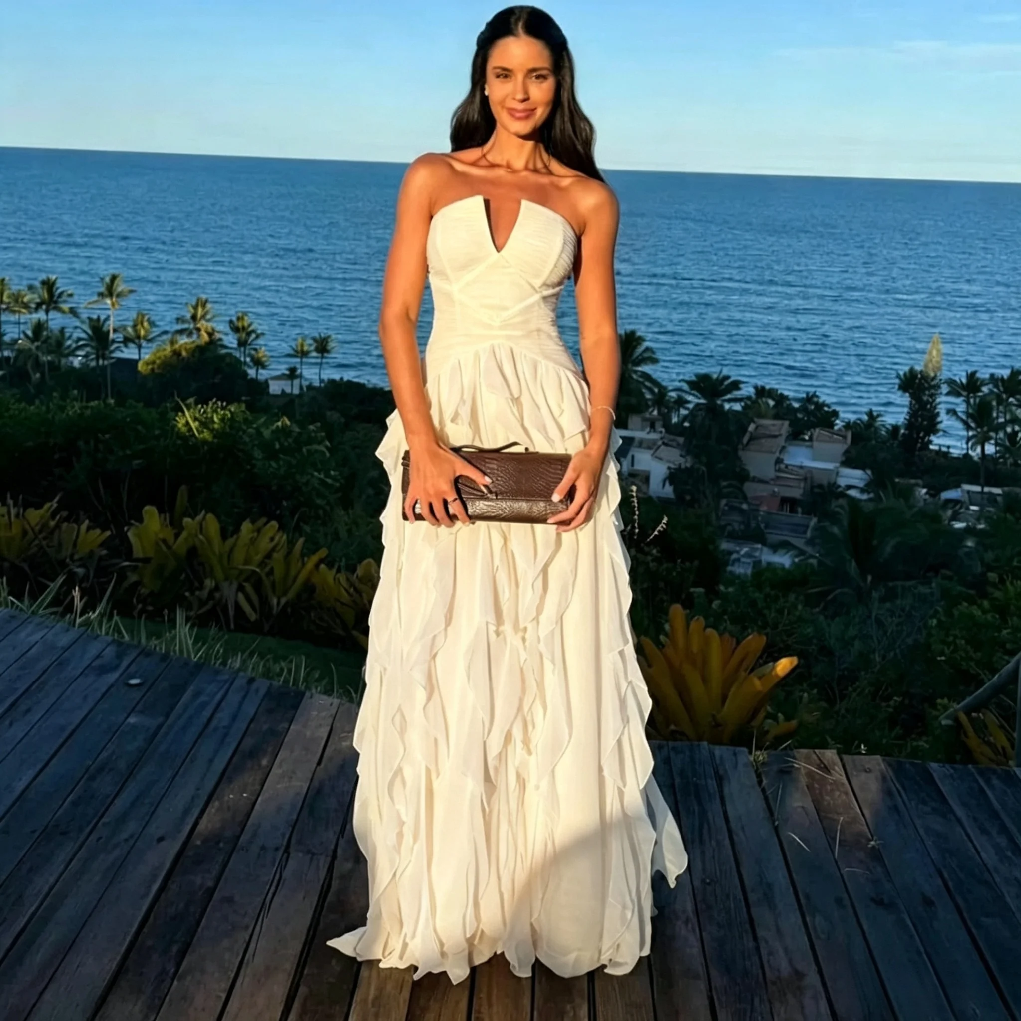 Strapless Deep V Chiffon Maxi Dress Women Ruched Waist Tiered Ruffle Long Formal Evening Gown Beach Wedding Guest Prom Dress image 4