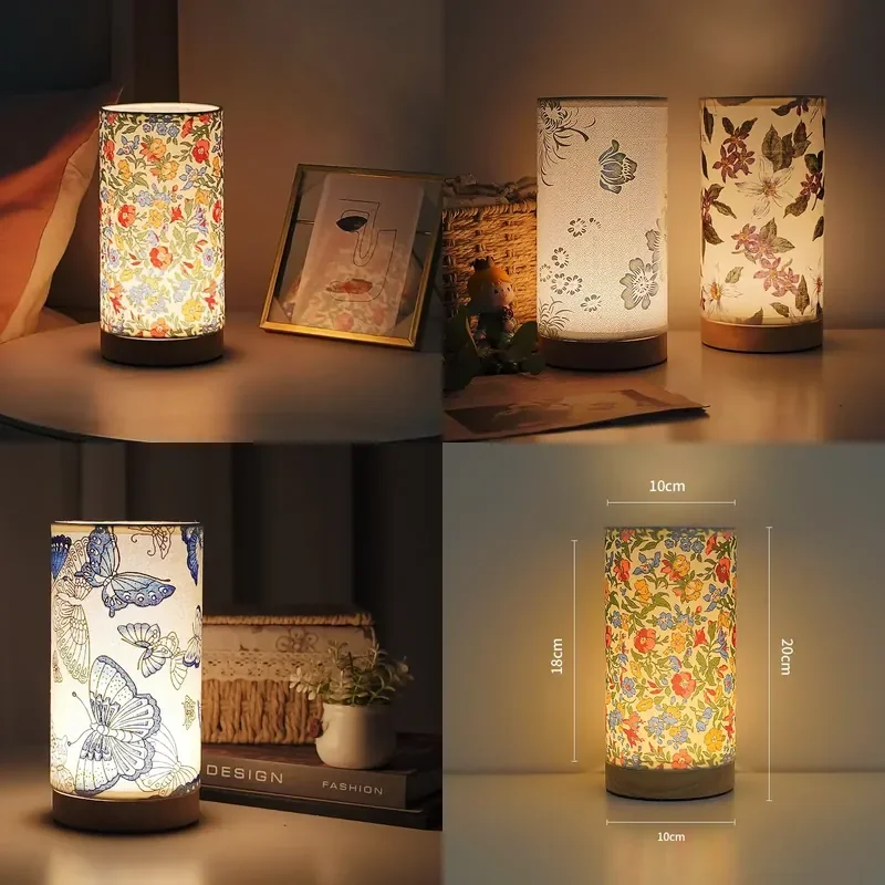 Modern USB Rechargeable LED Night Light Creative Touch Control Wooden Fabric Lampshade Desk Lamp for Bedroom Bedside Home