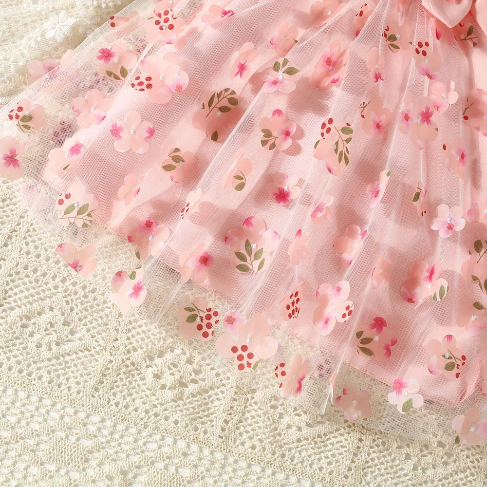 (0-3 Years) New Summer Girls Dress Halter Floral Floral Mesh Bow Round Neck Sweet Princess Dress Birthday Party Party Dress