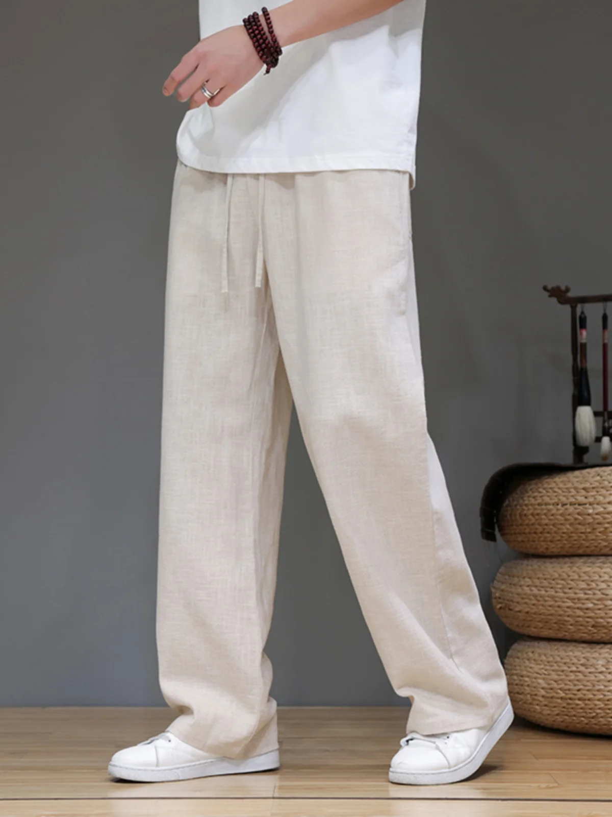 

Мужские летние тонкие свободные льняные брюки с широкими штанинами, повседневные, прямые, длиной в пол