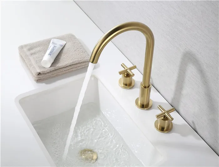 Top Quality Brass Brushed Gold Bathroom sink faucet 3 Holes 2 Handles Basin mixer Tap Cold hot water Bathroom faucet Copper Tap