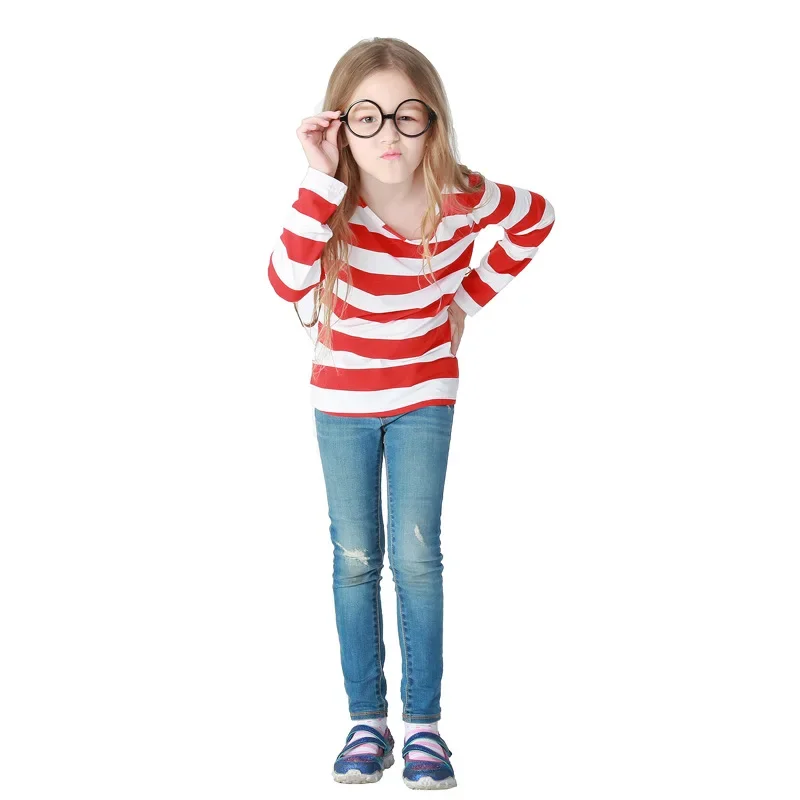 Ouder-kind Halloween Wheres Wally-kostuum Cosplay Kerstmis Gestreept T-shirt Hoed Bril Sokken Pak voor kinderen Volwassen