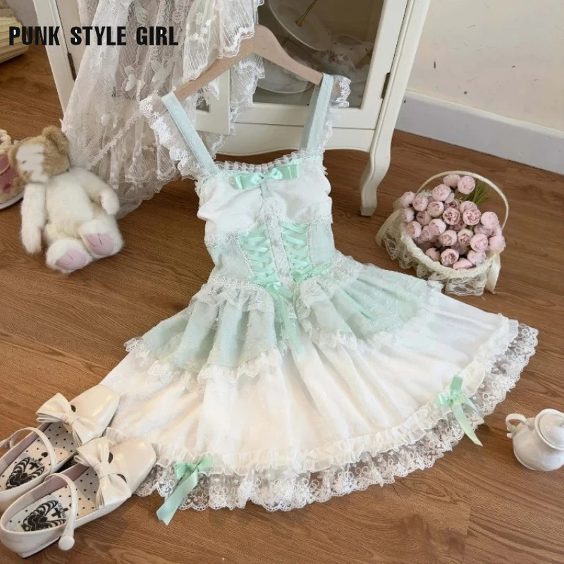 Mädchen süße y2k Prinzessin Mini kleid Frauen Harajuku japanische kawaii lolita jsk Kleid niedlichen Spitze Bogen Abend party Rüschen Kleider