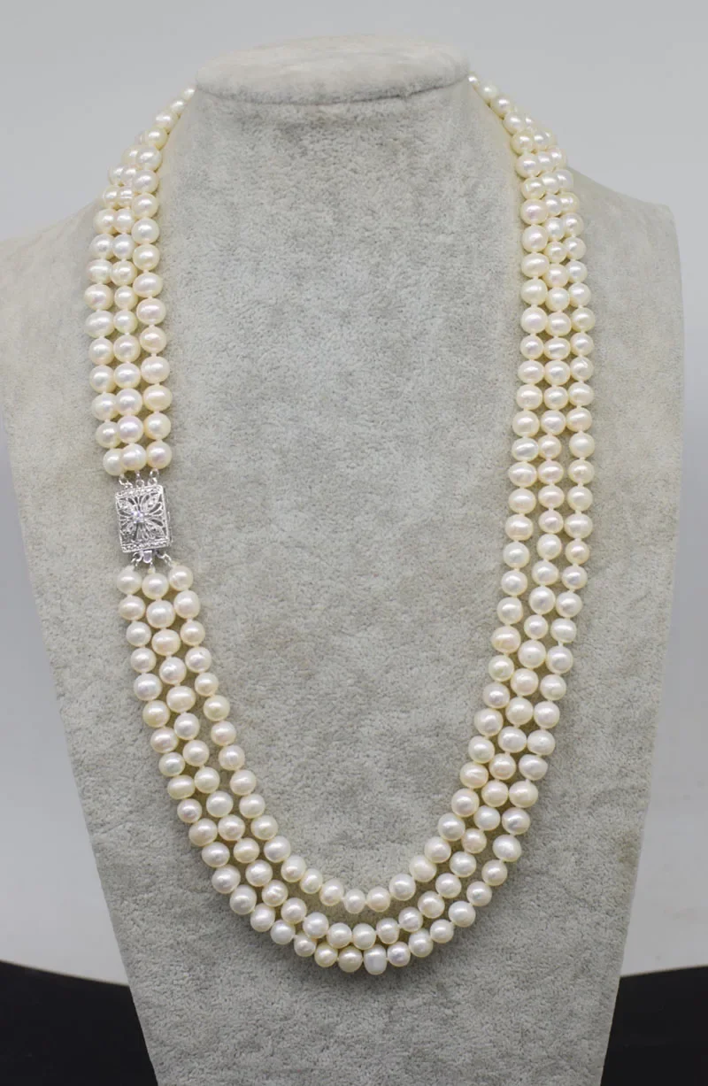 WOW! 3rows  freshwater shell pearl white near round 7-8mm  necklace 19-21inch nature  wholesale