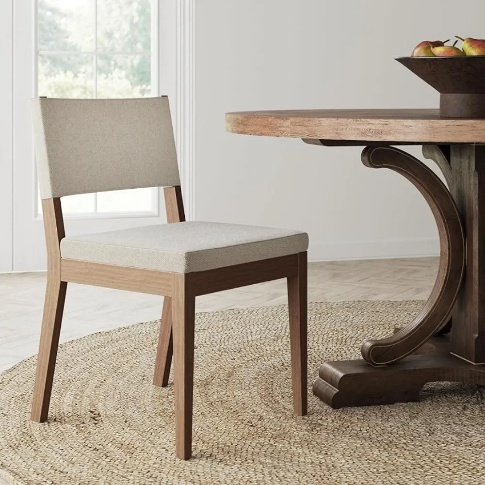 Modern upholstered dining chair with solid wood legs, wire brush light brown finish, natural linen/brown