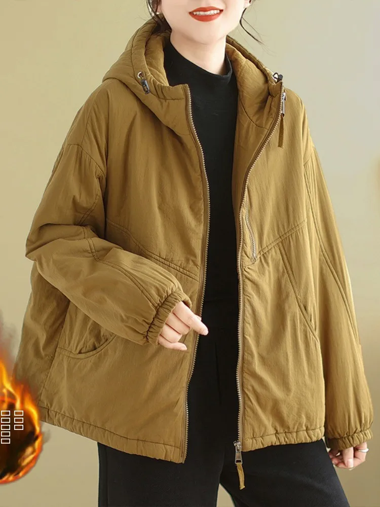 

Women's Cotton Jaet Hooded Stand Collar Splice Cotton Padded Anti-Aging Winter Faion Dstring Outerwear Coat