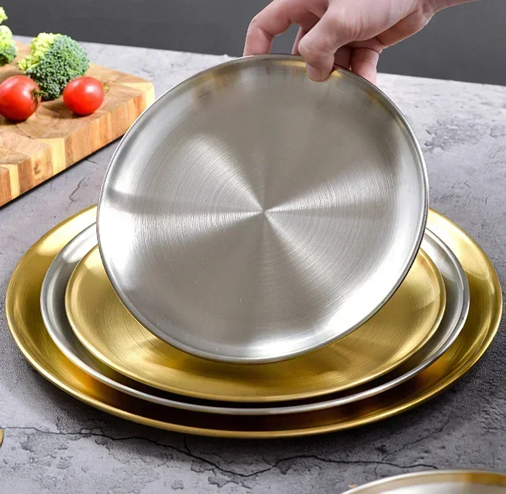 High quality Korean 304 stainless steel Round steak plate tray single layer hairline finish mirror steak tray BBQ tableware Dish