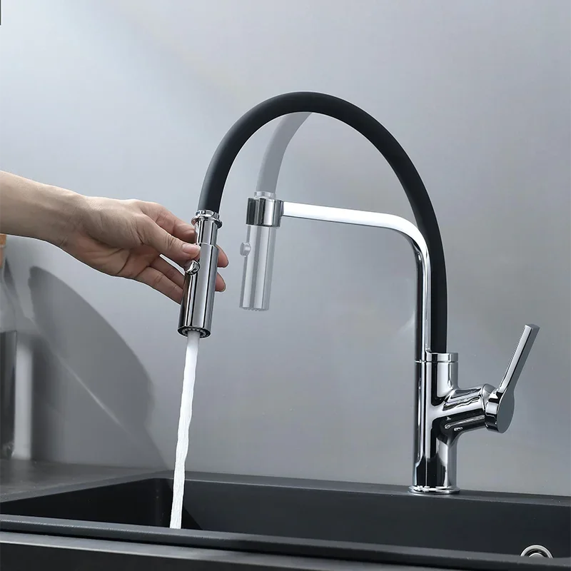 Modern Electroplating Design Kitchen Facility Accessories Cold and Hot Water Rotatable Pull-out Kitchen Washbasin Copper Faucets