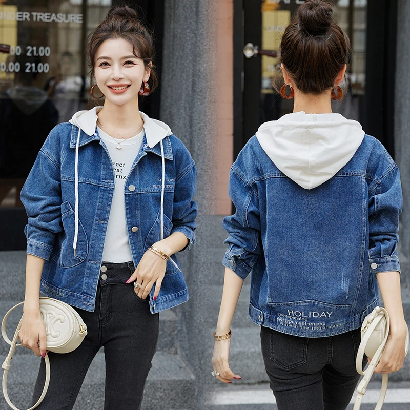 เสื้อแจ็คเก็ตยีนส์มีฮู้ดลำลองสำหรับผู้หญิง ทรงหลวม สวมใส่เป็นเสื้อนอกได้ ผ้าผสมคอตตอนและโพลีเอสเตอร์ ช่วยลดเลือนริ้วรอย สไตล์เกาหลี แฟชั่นฤดูใบไม้ร่วง