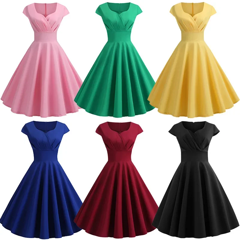 Vestido de falda larga de cintura alta estilo Hepburn manga corta Vintage se vende bien en deseo vestido completo de línea A ropa femenina