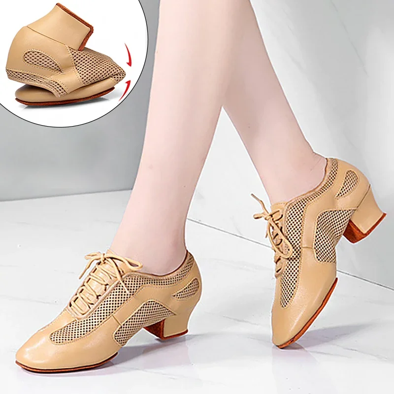 Outdoor Indoor Wear Leather Latin Dance Shoes for Women Men 3.5cm 5cm Heel Tan Black Ballroom Dance Shoes Street Dance Shoes