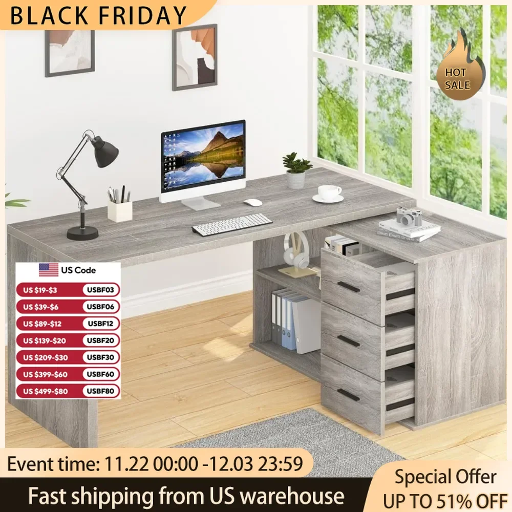 

L-Shaped Computer Desk with Storage Cabinet,Gray Corner Swivel Desk,Wood Table for PC Executive Work, Study Writing,360 Rotating