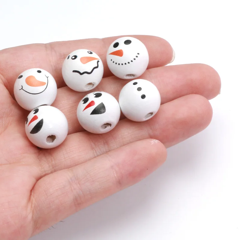 10pcs Christmas Snowman Pattern Round Balls Wood Spacer Beads Bracelet Wood Beads For Jewelry Making DIY Handicrafts Accessories