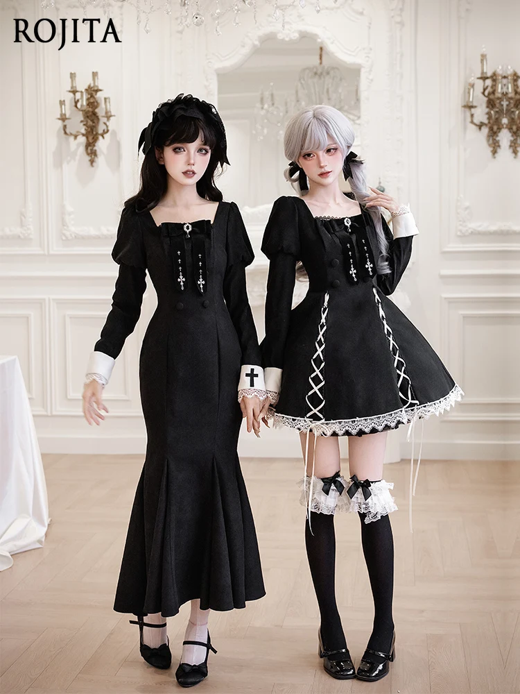 

Elegant Mermaid Dress Vintage Puff Long Sleeve Lolita Black Slim Dress Twin Straps Adjustable Short Dress for Autumn and Winter