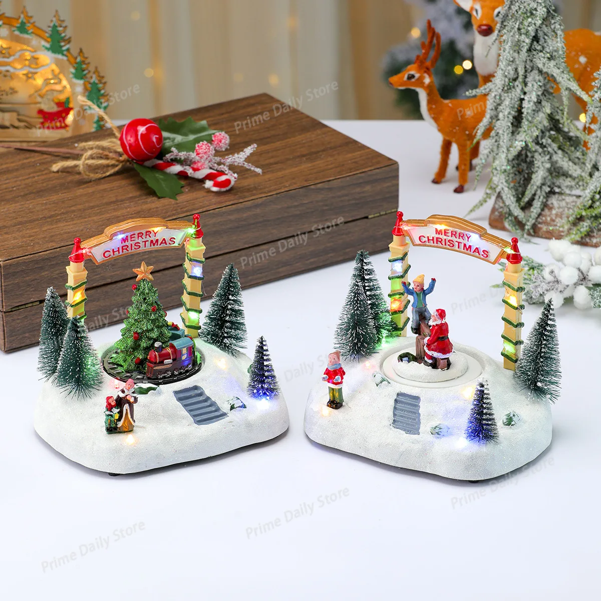 Light‑Up Rotating Music Box Ornament, Creative Christmas Gift, Snow Scene Musical box for Window Display Holiday Decoration