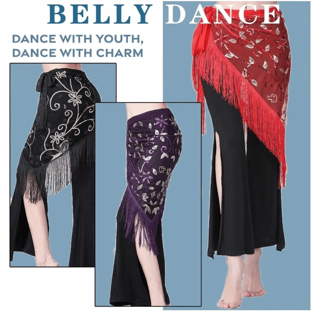 Mesh Fabric Belly Dance Hip Scarf Tassel Design Sequin Embellished Tassel Hip Scarf Elastic Waistband Embroidery Floral Pattern