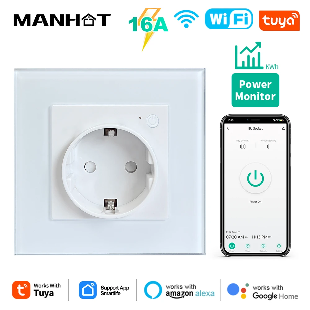 Tuya – prises Wifi intelligentes ue 16a, prise de moniteur de puissance 110V-250V, prises murales avec panneau en verre, prise en charge de Google Home Alexa