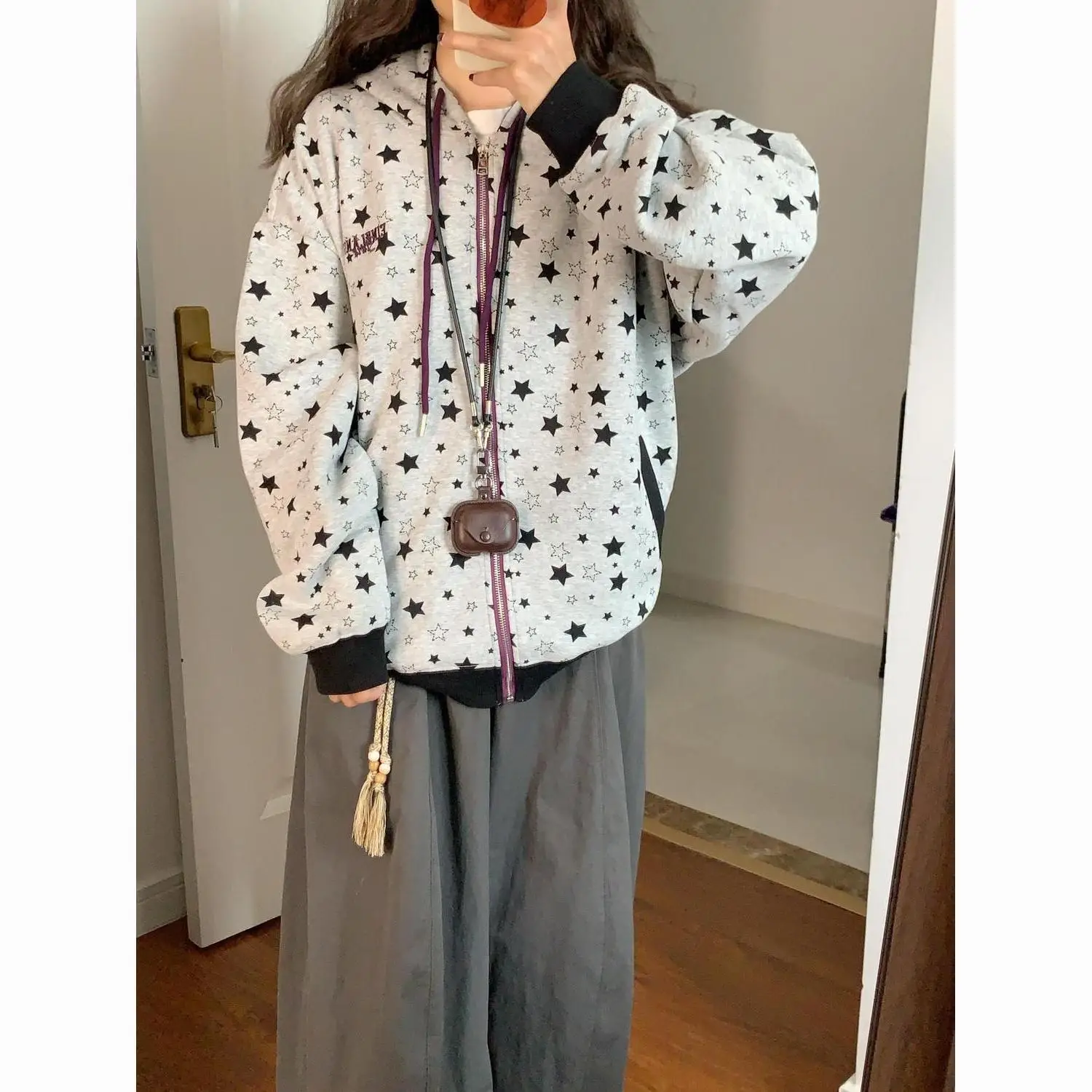 プリント刺繍ジッパー中国綿複合薄型ルーズファッショナブルな韓国スタイルデザイン花柄スター