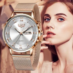 LIGE Ultra-thin Women Watches Luxury Quartz Watch Woman Fashion Bracelet Ladies Watch Waterproof Calendar Week Clock Wristwatch