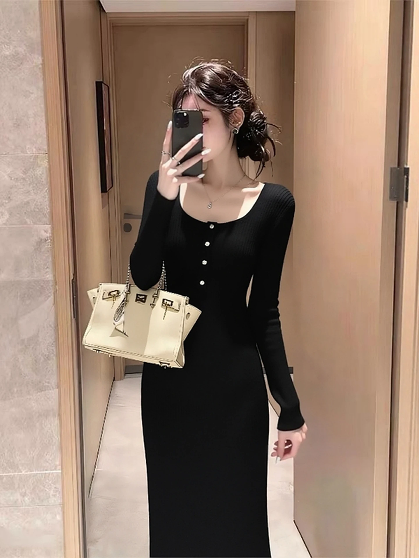 

Вязаное облегающее платье-миди Ele: универсальное, простое, модное, в корейском стиле, для повседневной носки зимой