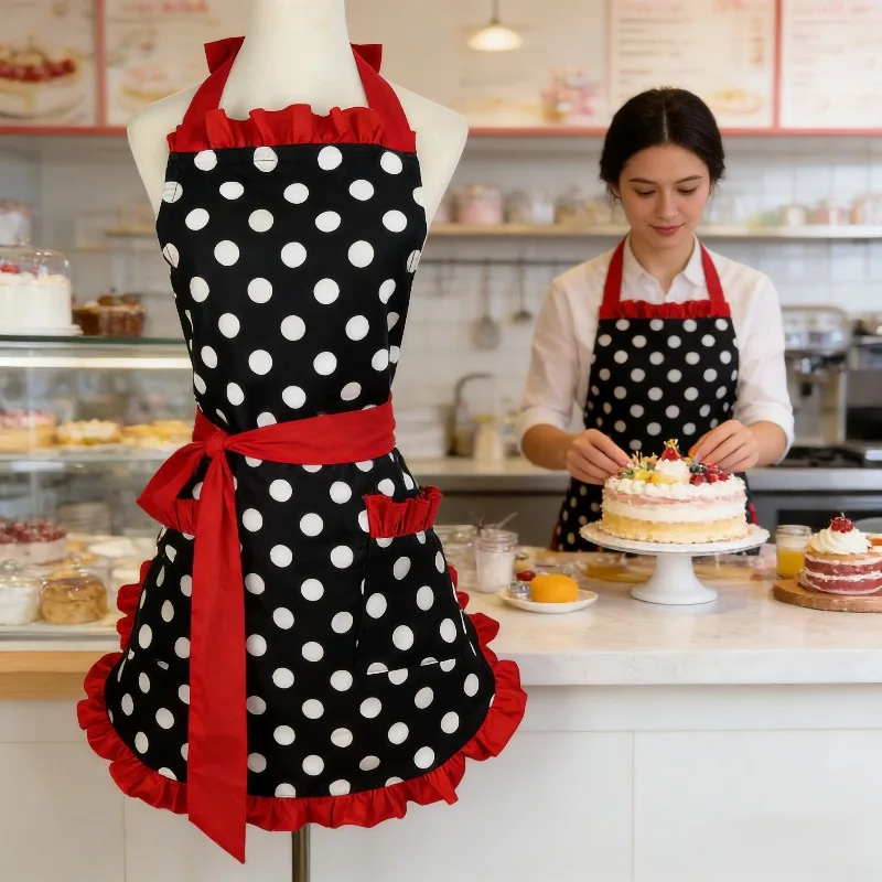 

Women's Cotton Polka Dot Korean Style Princess Adult Household Kitchen Waist Apron Coverall Essential