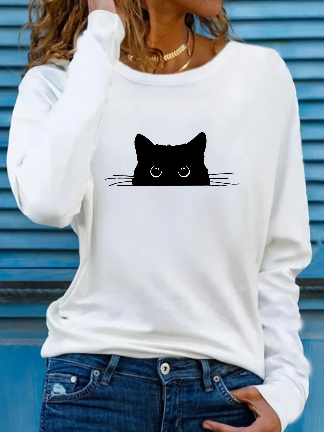 

Ladies Casual Long Sleeve Crew Neck T-Shirt with Cute Black Cat Print Soft Beige Fall Top Machine Washable Fit Comfort Pullover