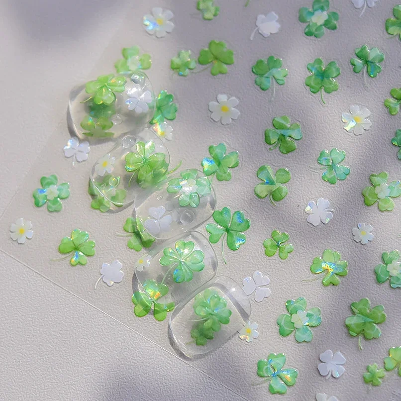 Shiny Green Four Leaf Clover Summer Colorful Jelly Line Flower Daisy Rhinestone Laser Nail Art Decoration Sticker Manicure Decal