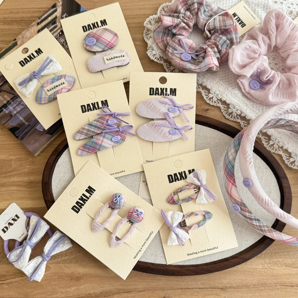 

Заколки для волос для девочек, корейские розовые, фиолетовые, в клетку, с бантом, кружевная ткань, BB-зажимы, заколки для боковой челки, свежие, милые