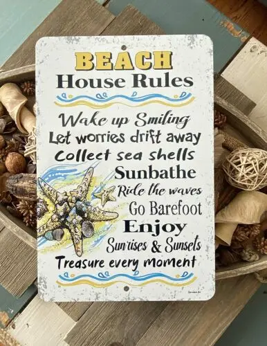 Beach Rules Ocean Themed Metal Sign Indoor/Outdoor Coastal Decor by Dyenamic Art