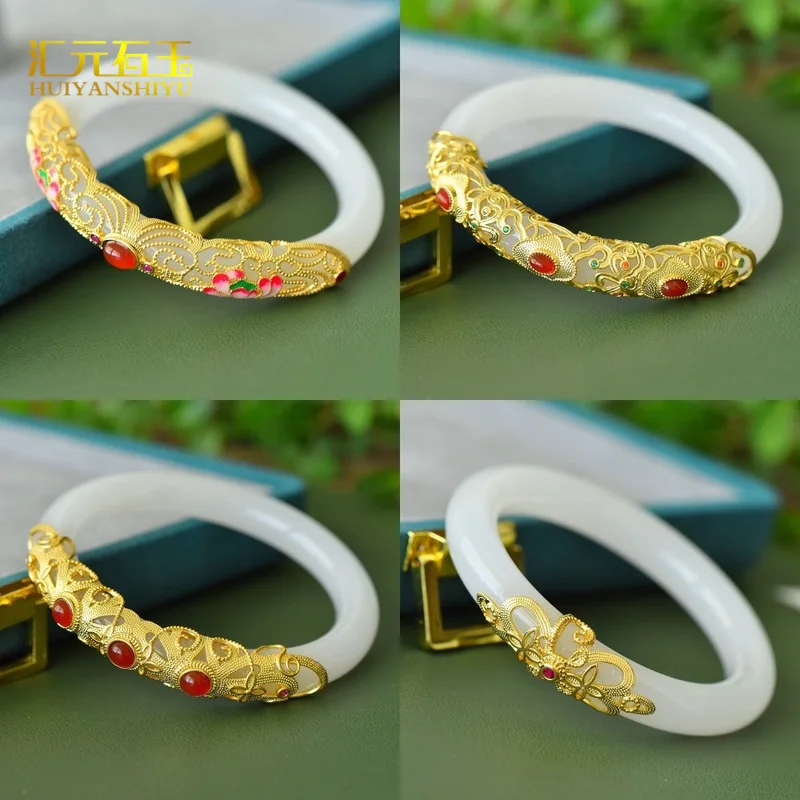

Xinjiang Golden Silk Bracelet, White Jade, Ancient Inlay Round Bangle, Jadeite Jewelry