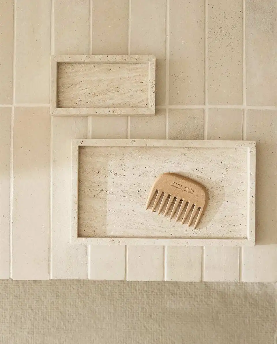 Customized Wholesale Wabi-sabi Style Travertine Beige Marble Stone Tray Rectangular Bathroom Ornament