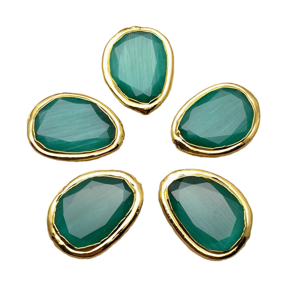 5 Pcs 23x30m Deep Green Cat Eye Freeform Connector Bead Necklace Jewelry Making
