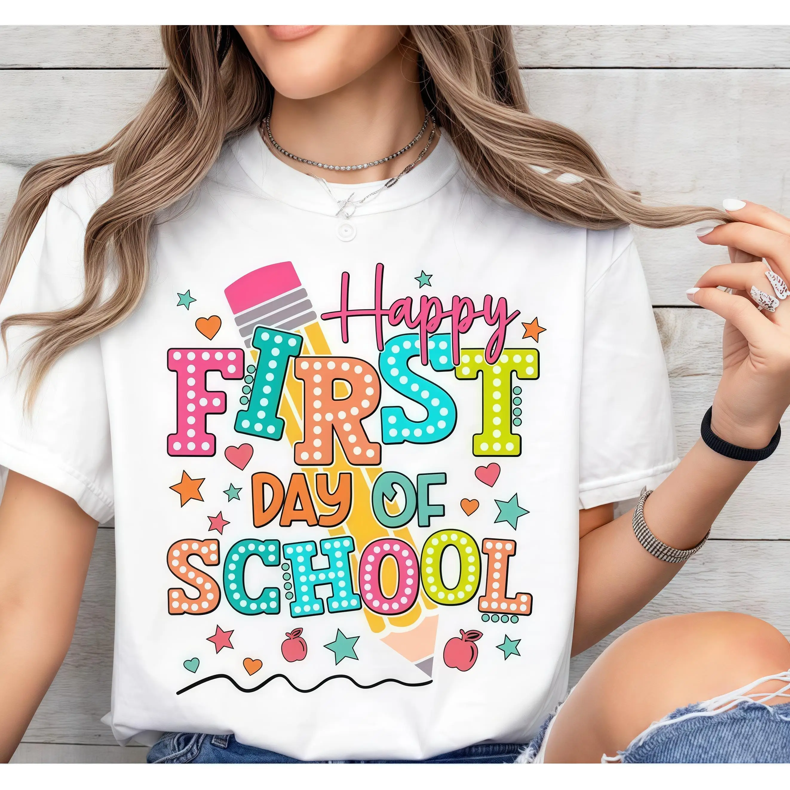 

Happy First Day of School T-shirt Women Back to School Teacher Student Graphic Tee Casual Short Sleeve Tops Kindergarten Gift