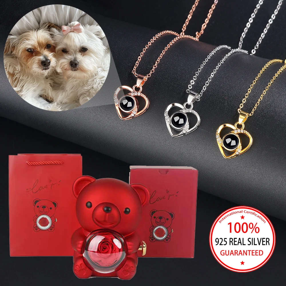 

925 Sterling Silver Custom Photo Projection Pendant Necklace With Colorful Bear Cute Gift Box Valentine's Day Birthday Popular