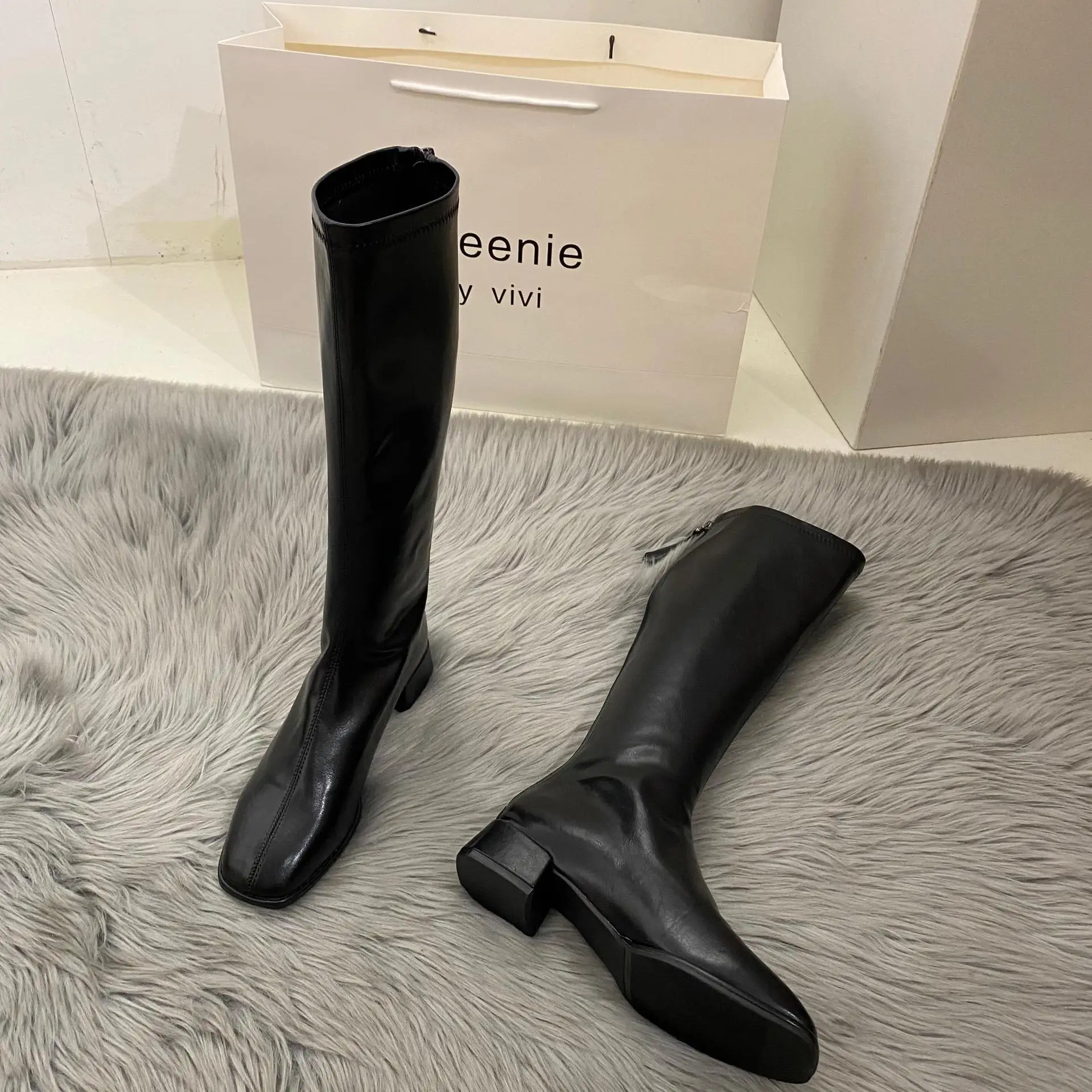 Women Warm Long Boots Woman Knee High Booties Ladies Shoes Platform Thick Heel PU Leather Soft Zipper Woman Fashion Winter 2023
