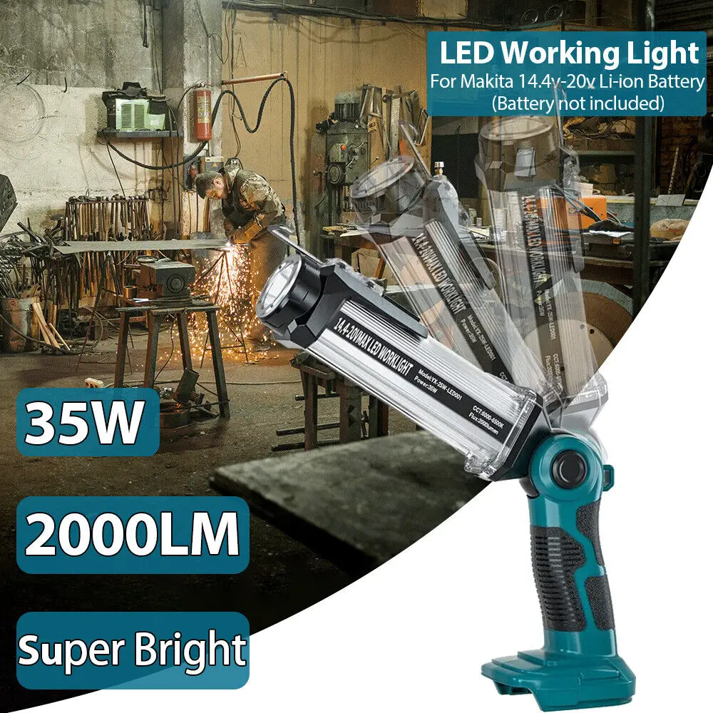 luz de trabalho de emergencia sem fio com usb lanterna com gancho bateria li ion 18v 35w apto para makita bosch dewalt milwaukee ryobi 01