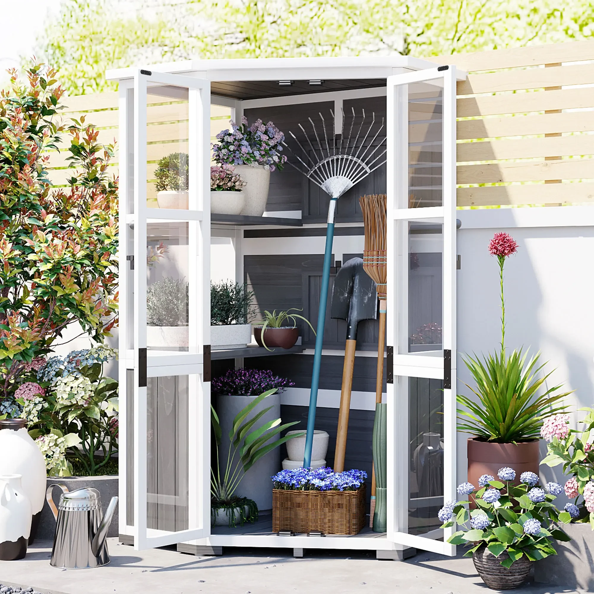 

2026 63'' Height Durable Wood Garden Storage Cabinet Outdoor Tool Storage Shed Waterproof Roof Lockable Door Mini Greenhouse for